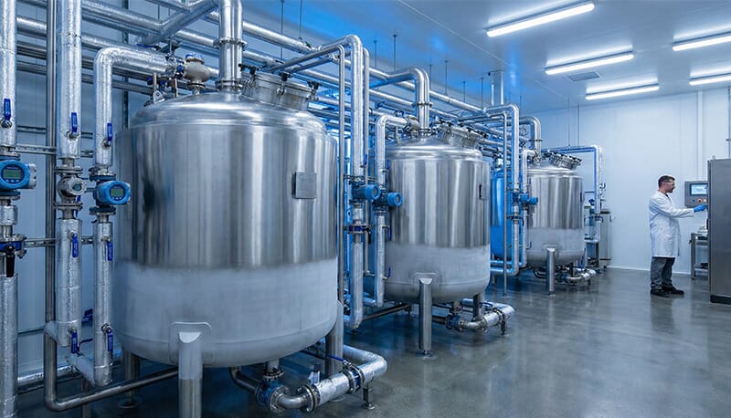Stainless steel Physical Refining and Winterization Tanks system for flaxseed oil dewaxing, showing frost effect for low-temp processing.