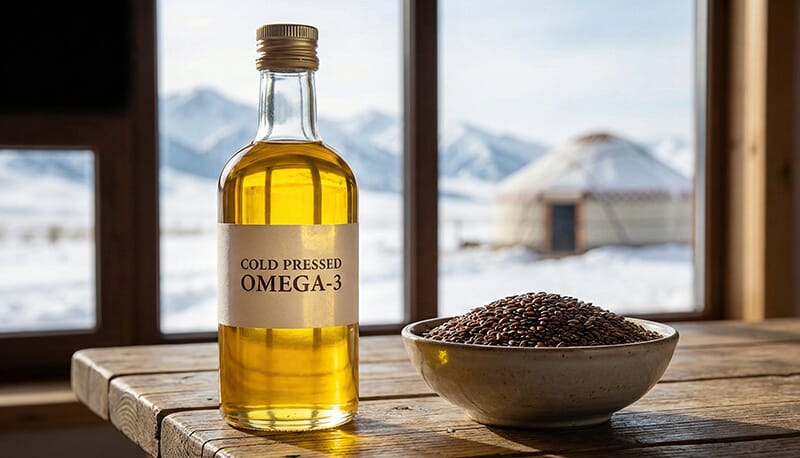 Bottle of Grade 1 clear Cold Pressed Flaxseed Oil rich in Omega-3, produced by Guance Machinery's line in Kazakhstan.