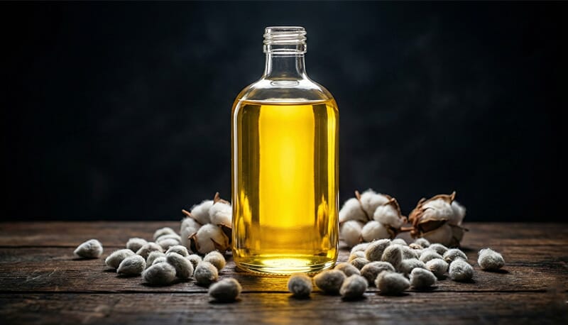 Sample of winterized cottonseed oil showing high clarity and no cloudiness, demonstrating effective dewaxing process.