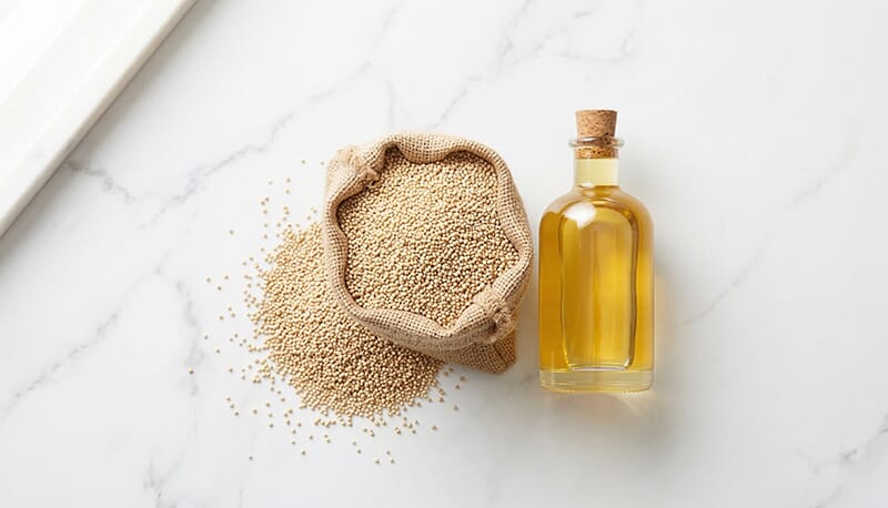 Raw amaranth seeds next to clear, refined amaranth seed oil after extraction
