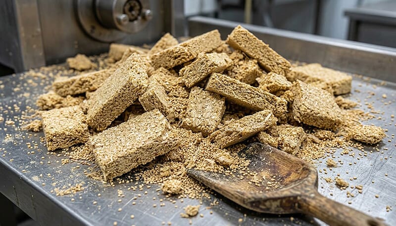 High-definition close-up of a compact, pale golden amaranth seed press cake, formed after virgin cold-pressing by a Guance Machinery screw press, showing dry and rich protein texture.