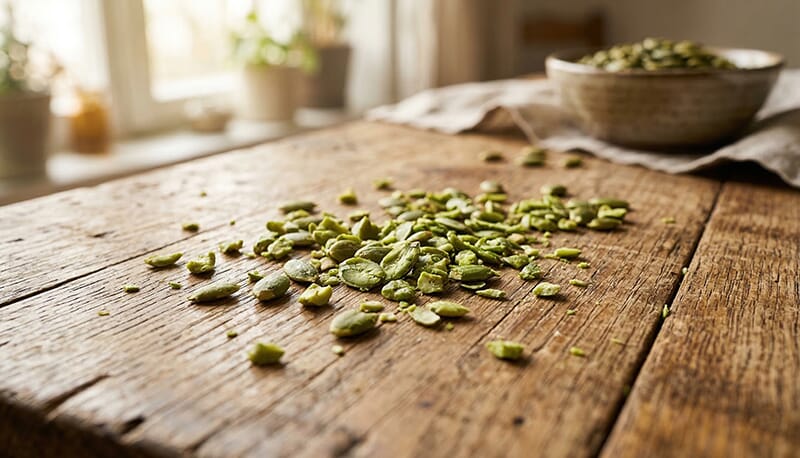 Macro shot of chopped green pumpkin seed kernels on a rustic wooden table.