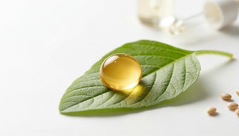 A drop of amaranth seed oil on a green leaf representing high nutritional value
