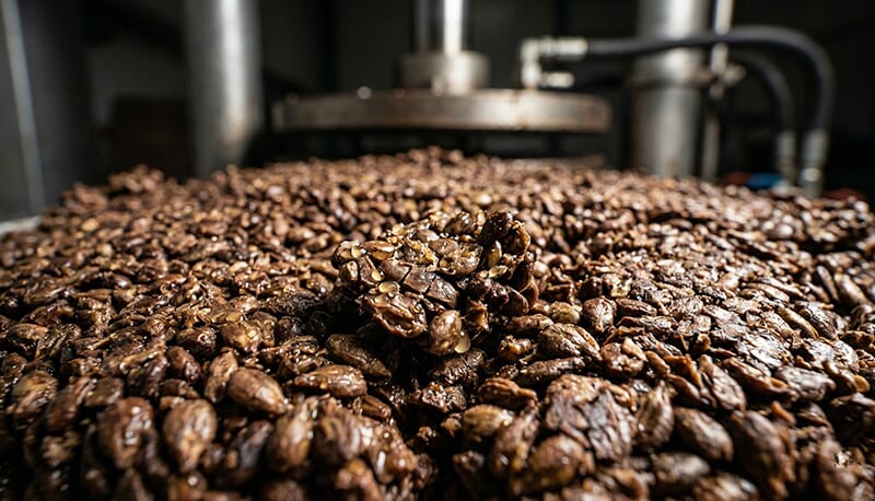 Macro photograph focusing on the detailed texture of compressed grape seed press cake, a residue from the oil extraction process rich in nutrients.