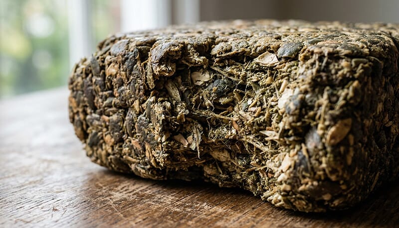 Macro view of a compressed block of organic virgin pumpkin seed press cake on a wooden table.