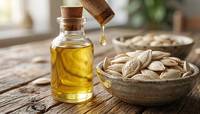Photorealistic close-up of a clear bottle of premium cold-pressed pumpkin seed oil with a bowl of whole raw pumpkin seeds.