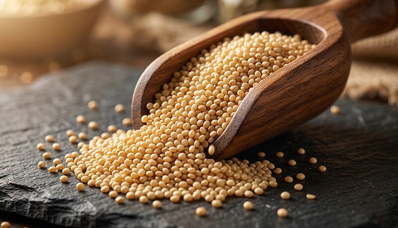 Close-up of golden amaranth seeds in a wooden scoop, highlighting the premium organic raw material for squalene-rich oil production.