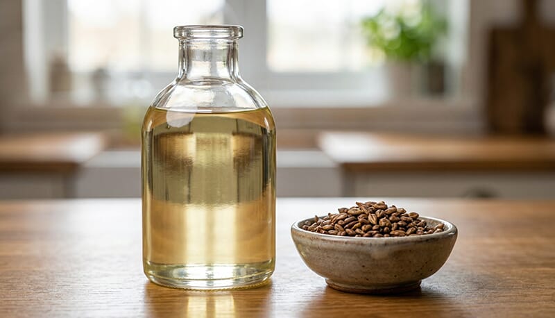 Close-up photograph of a clear bottle containing refined grape seed oil beside a small bowl of dry grape seeds, illustrating the finished product and its source.