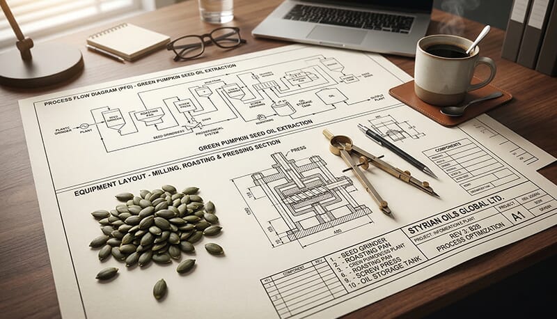 Engineering blueprint and design layout for a commercial pumpkin seed oil processing plant