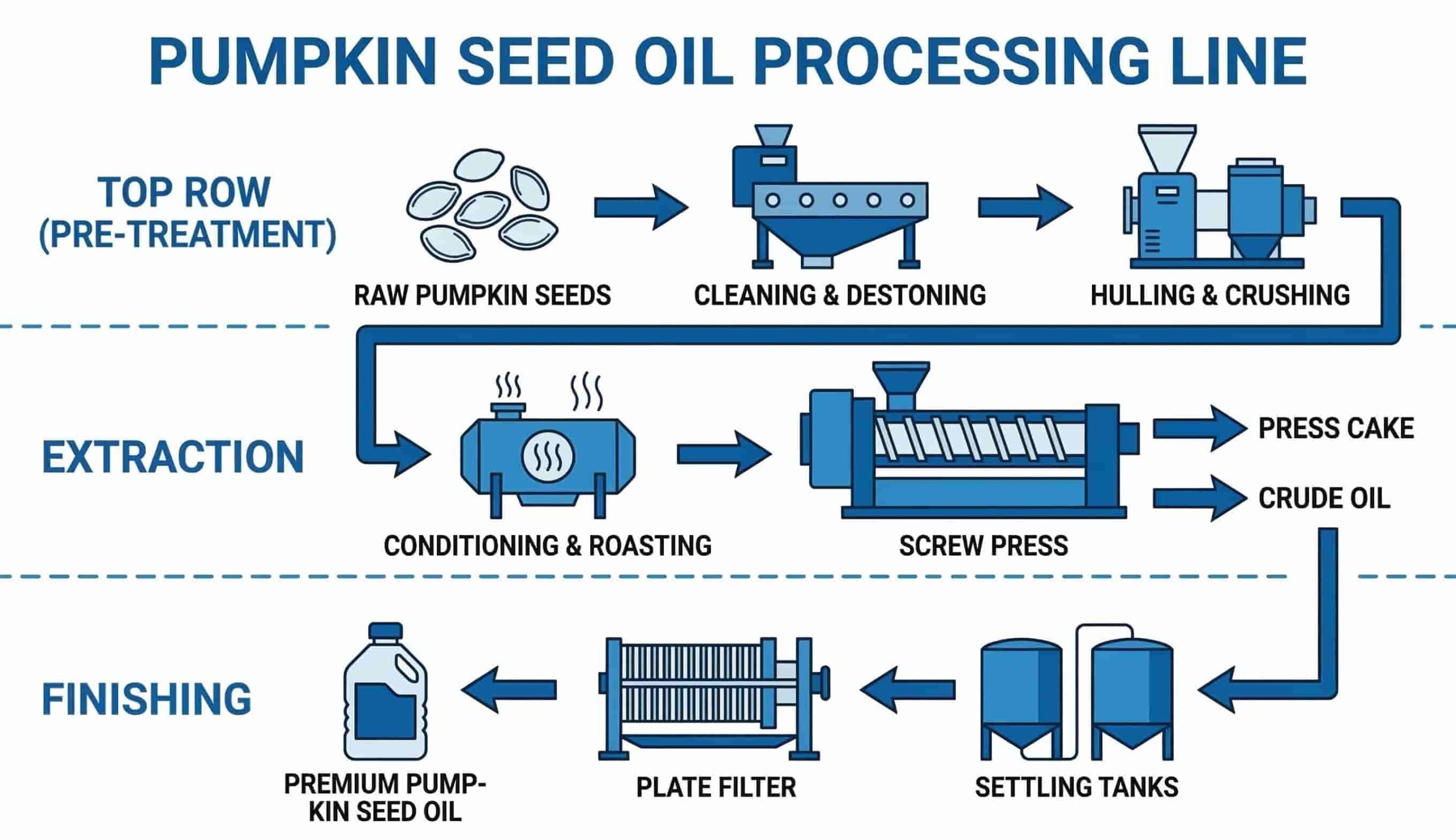 Industrial flow of pumpkin seed oil extraction including cleaning, crushing, roasting, and screw pressing.