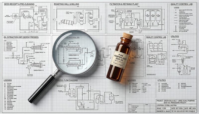 Detailed engineering blueprints and oil quality samples for a pumpkin seed oil plant