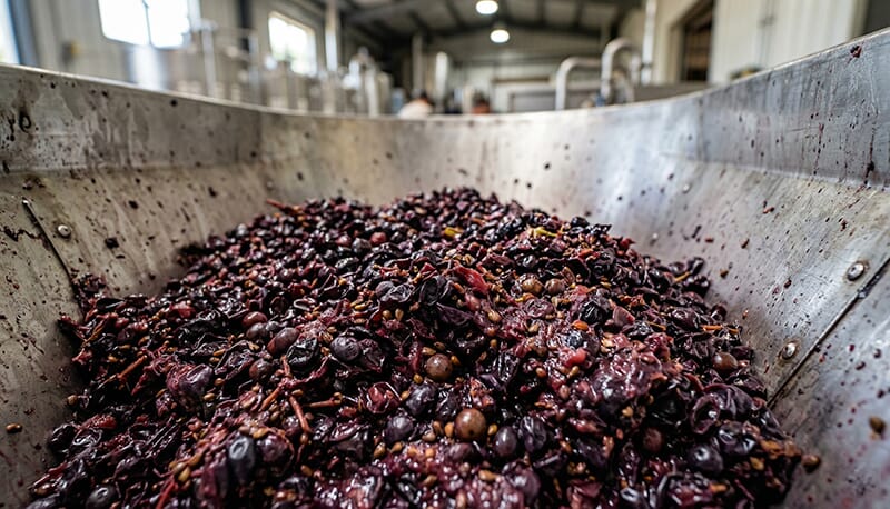 Close-up of raw, wet grape pomace (crushed skins, pulp, and seeds) from winemaking inside a stainless steel processing bin, ready for drying.