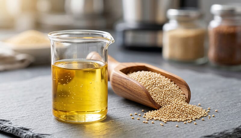 Macro photograph of clear, golden virgin winterized amaranth seed oil in a glass beaker, with a scoop of raw amaranth seeds on a grey slate surface, processed by Guance Machinery.
