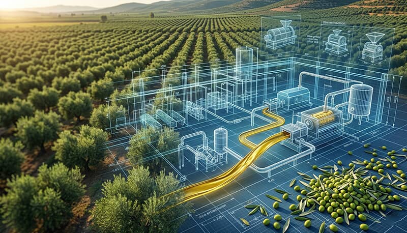 Integrated Olive Oil Processing Plant Layout and Fresh Olive Harvest